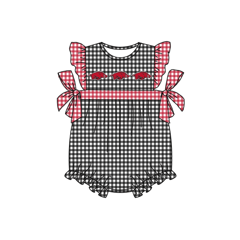 Girls short sleeve romper red and black plaid moq 5