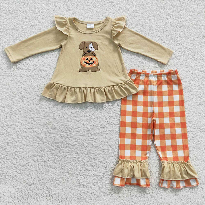 RTS NO MOQ  Baby Sibling Dog Pumpkin Halloween Clothes Sets Rompers