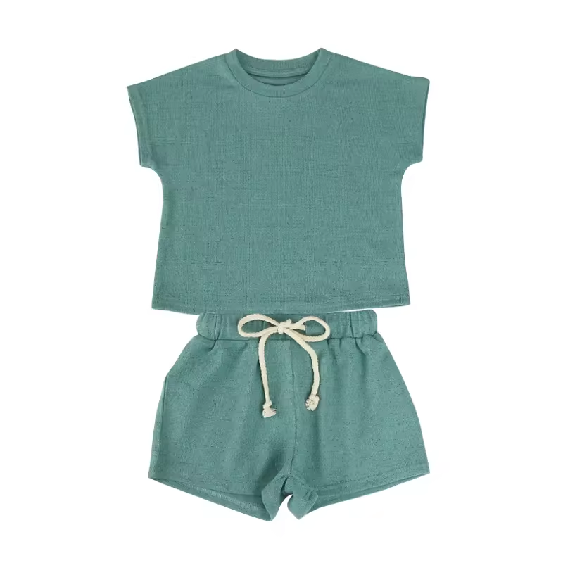 custom moq 3 cotton fabric eta 5-6week Cotton  teal green color sets  summer dress   Shorts Set
