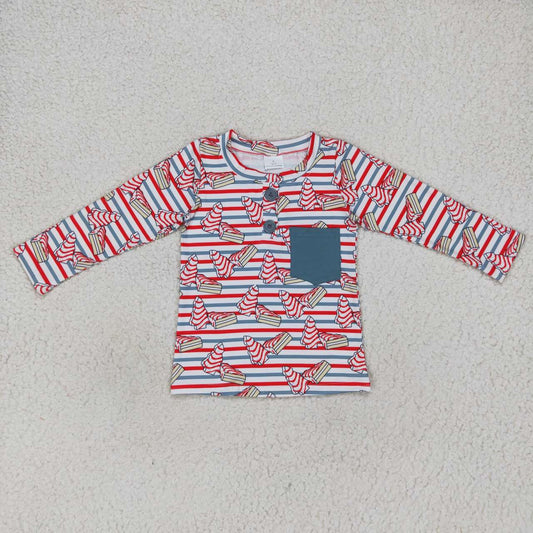 BT0325 Christmas tree cookie red and green striped pocket white long sleeve top