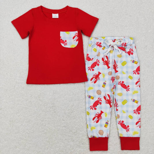 RTS NO MOQ（In Stock ) BSPO0189 Lobster corn plaid pocket red short-sleeved trousers suit