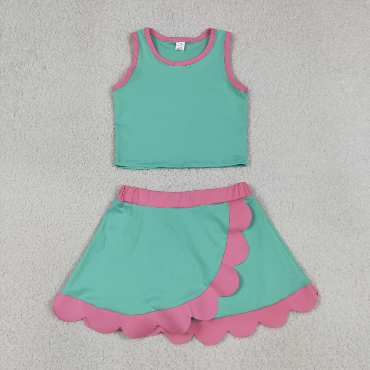 RTS NO MOQ yoga fabric cotton GSD4012 Baby Girls Summer Light Blue Sleeveless Scallop Skirt Yoga Set