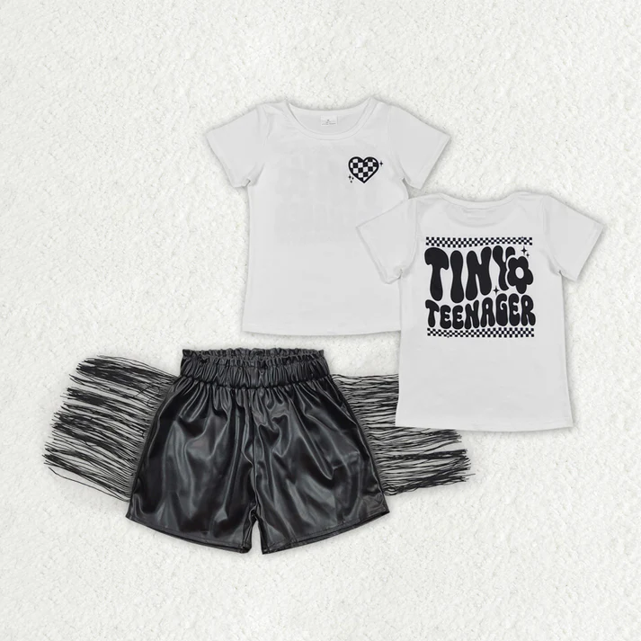 RTS Baby Girls Little Teenager Shirts Tops Red Leather Tassel Shorts Clothes Sets