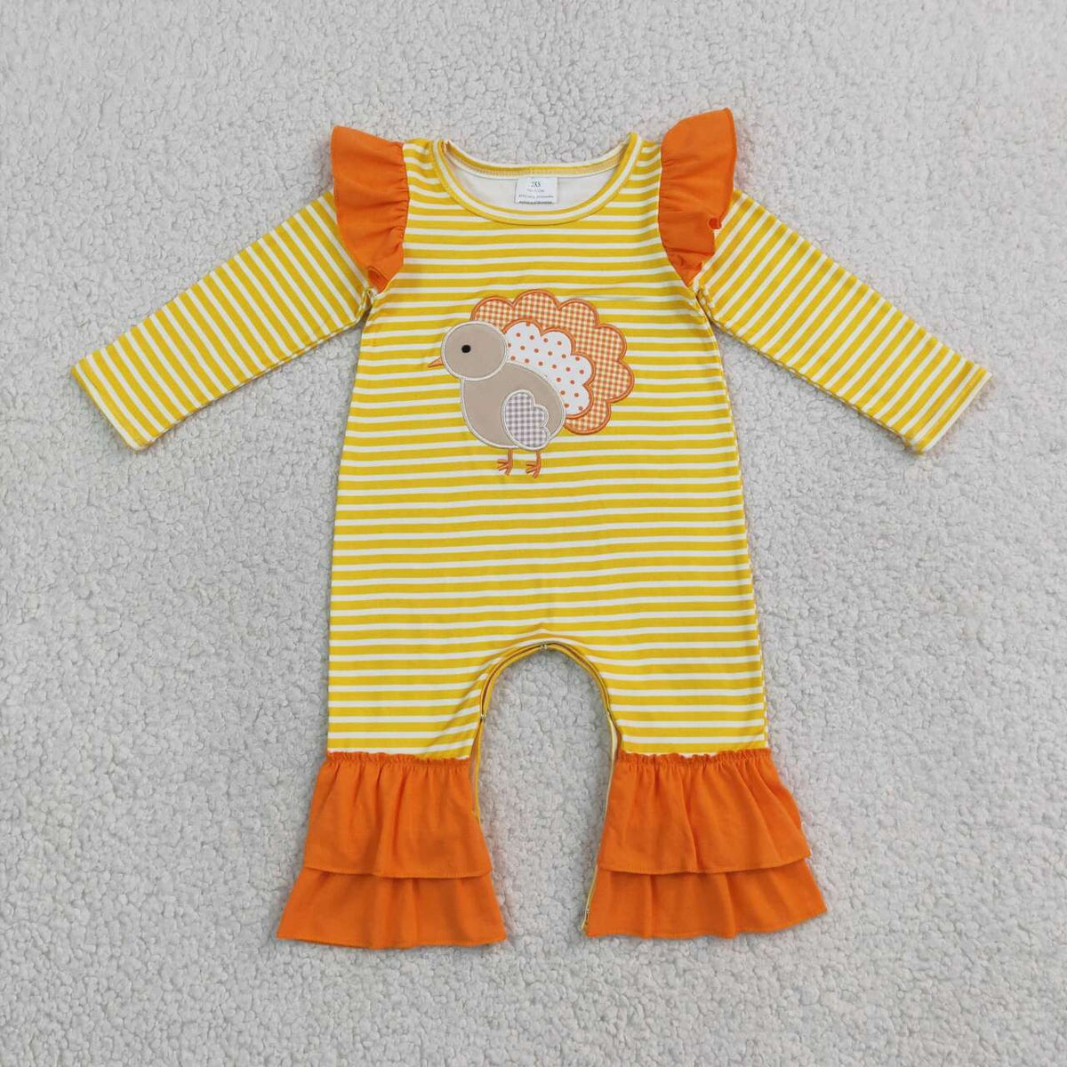 NEW RTS NO MOQ milk silk LR3144 Embroidery Baby Girls Orange Stripe Turkey Print Ruffle Romper Thanksgiving Outfit