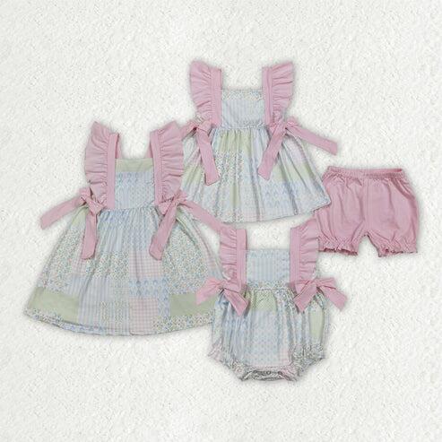 RTS NO MOQ Sibling Baby Girls Checked Tunic And Ruffle Shorts Set Floral Knee-Length Dress Rompers for Little Girls