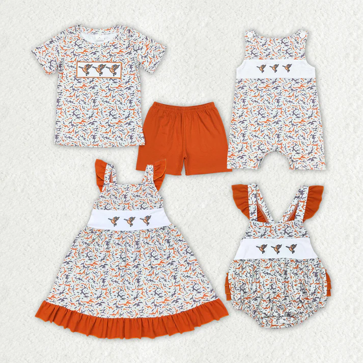 RTS NO MOQ  Baby Girls Baby Girls Embroidery Camo Ducks Sibling Dresses Rompers Clothes Sets