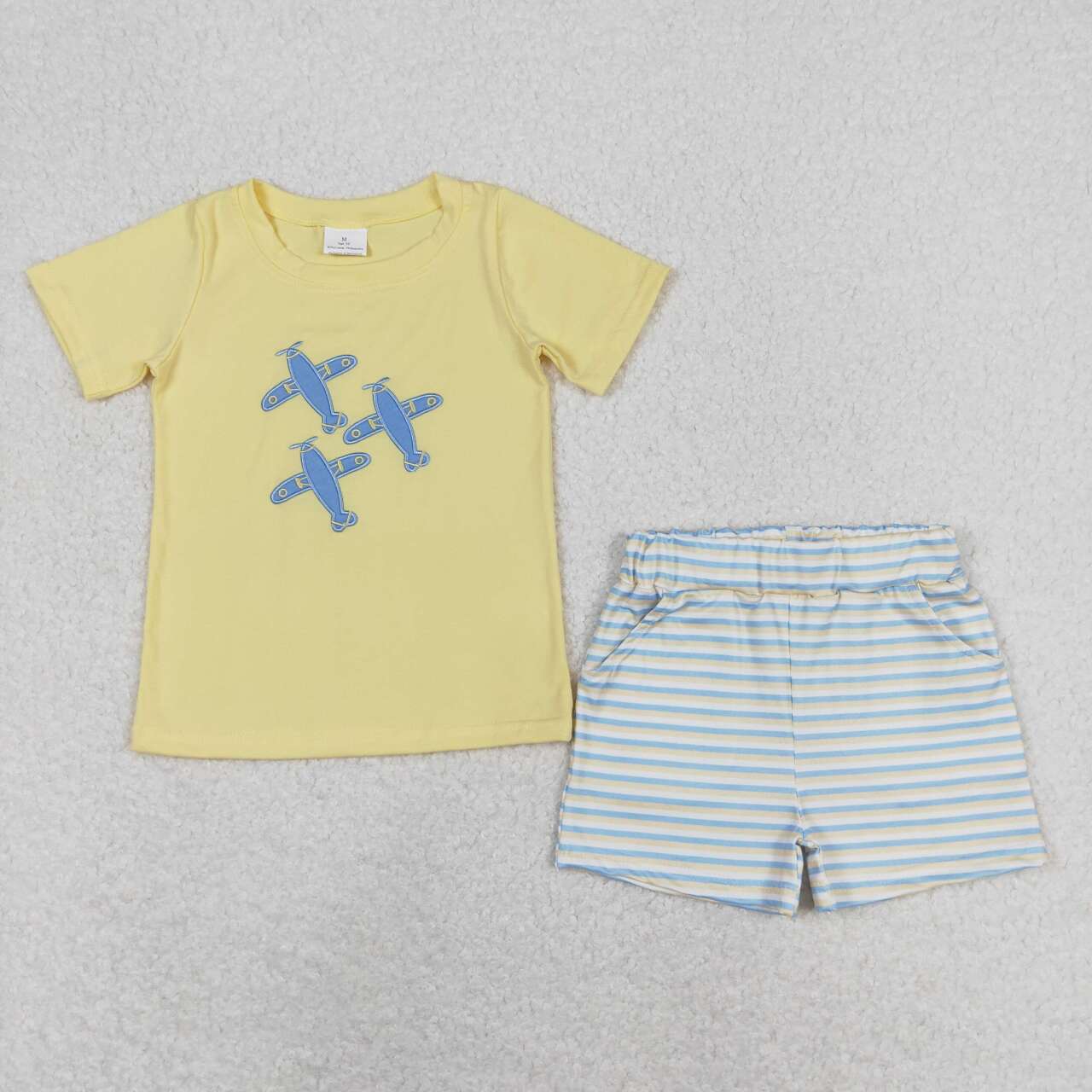 RTSBSSO0696Embroidery Yellow Airplane Striped Short Sleeve Shorts Set