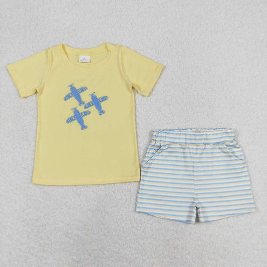 RTSBSSO0696Embroidery Yellow Airplane Striped Short Sleeve Shorts Set