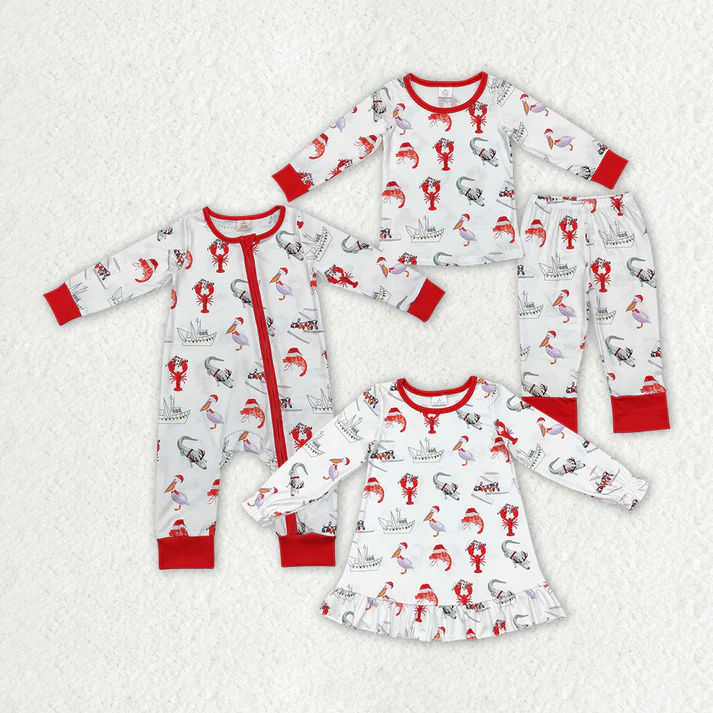 RTS NO MOQ Baby Kids Christmas Crawfish Sibling Rompers Dresses Clothes Sets