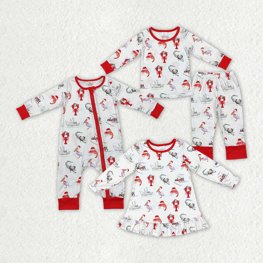 RTS NO MOQ Baby Kids Christmas Crawfish Sibling Rompers Dresses Clothes Sets
