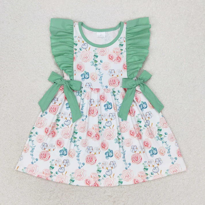 RTS NO MOQ Baby Girls Pink Flowers Sibling Summer Rompers Dresses Clothes Sets