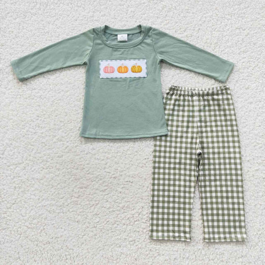 BLP0226 Embroidered Three Pumpkins Green Plaid Long Sleeve Trouser Set