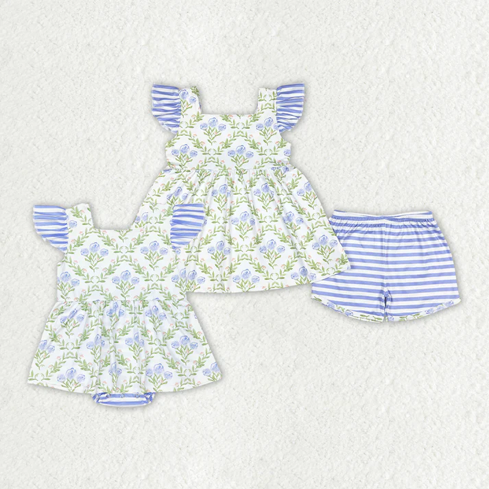 RTS NO MOQ Baby Girls Green Blue Flowers Sibling Rompers Clothes Sets