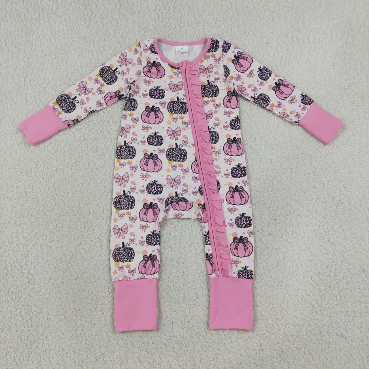 NEW RTS NO MOQ milk silk LR3061 Baby Girls Pink Bow Leopard Pumpkin Print Long Sleeve Zip Romper