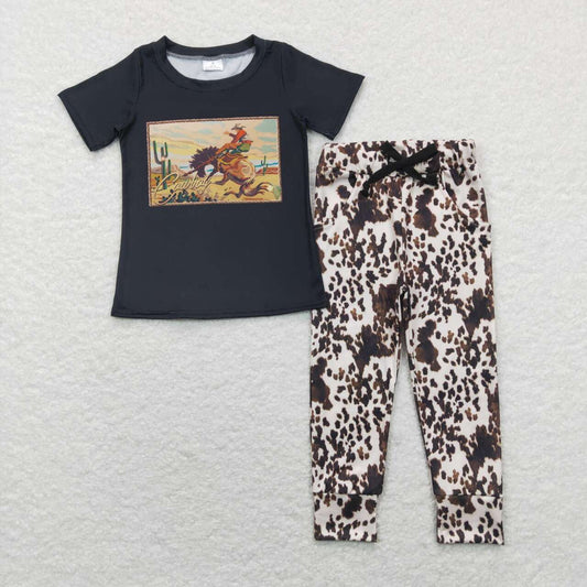 BSPO0149 Cowboy black short-sleeved ink pattern trousers suit