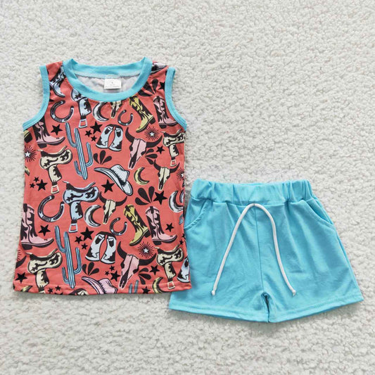 BSSO0251 Boys Bull Head Boots Brown Sleeveless Blue Shorts Set