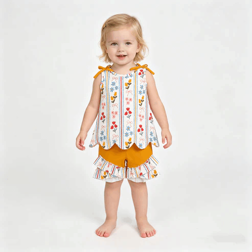 RTS NO MOQ Sibling Baby Girls Colorful Flowers Scallop Tunic Ruffle Shorts Outfit Set Cute Baby Girl Clothing Set