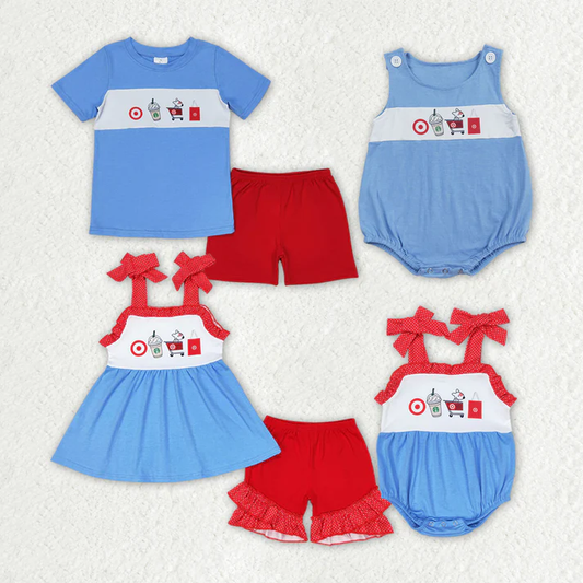 RTS NO MOQ  Baby Girls Boys Coffee Cart Summer Sibling Rompers Clothes Sets
