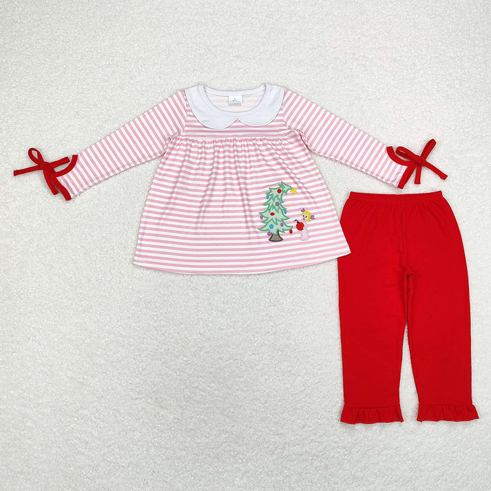RTS NO MOQ Girls Boys Christmas Tree Dog Top Pants Clothes Sets Christmas tree embroidery