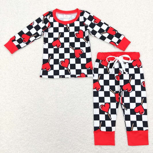 RTS NO MOQ（In Stock ) BLP0443 Red love lollipop black and white plaid red edge long sleeve trousers suit