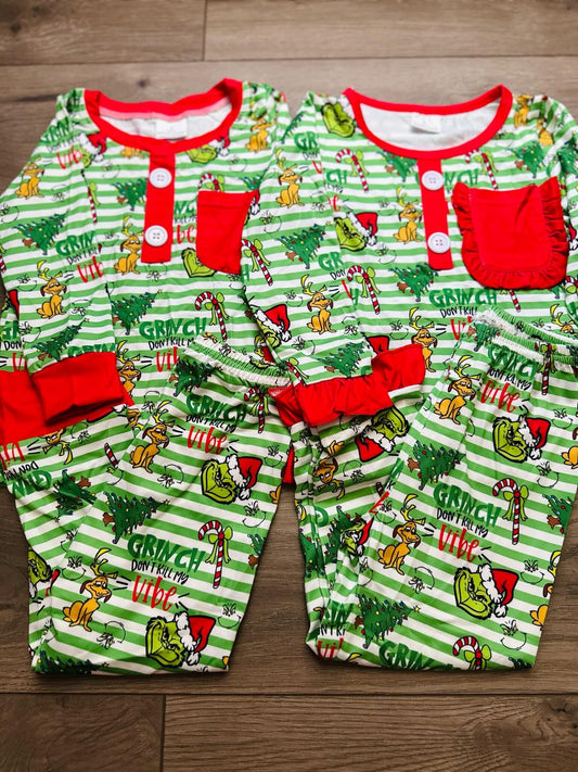 RTS NO MOQ Green striped long sleeve pajamas for boys and girls