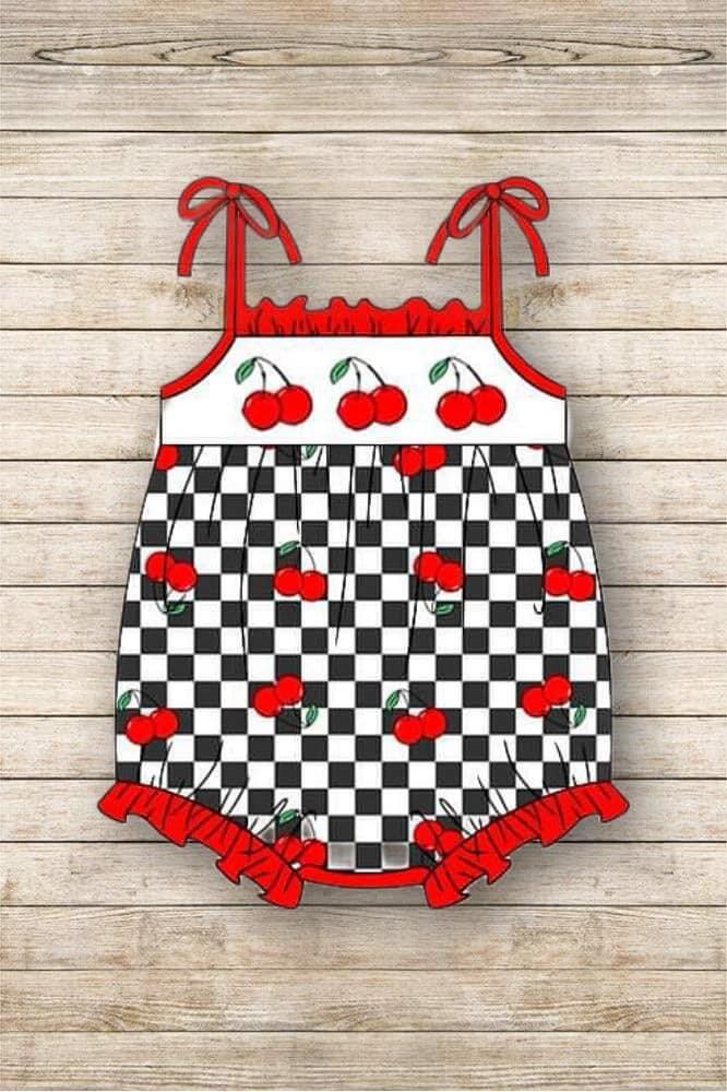 Plaid cherry   girls romper