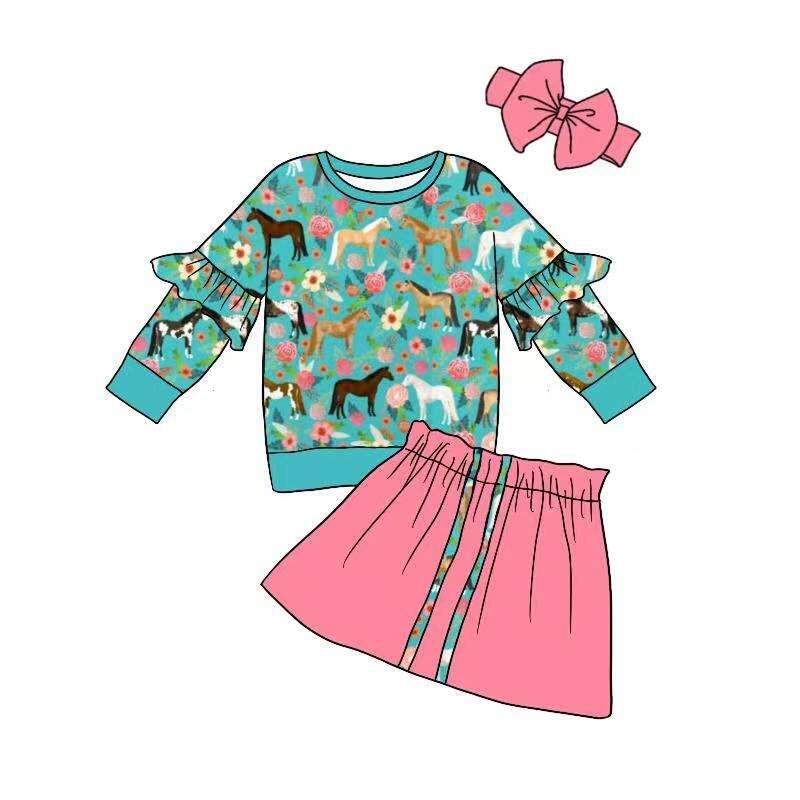 custom girls long sleeve top with short dress horse print moq 5