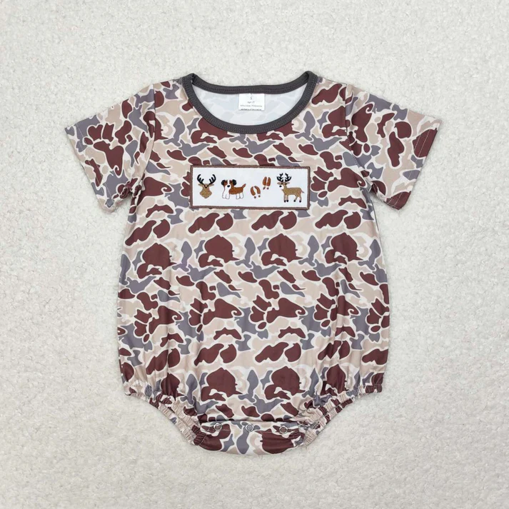 RTS NO MOQ  Baby Girls Camo Dogs Deer Hunting Sibling Boys Rompers Clothes Sets dog embriobery style