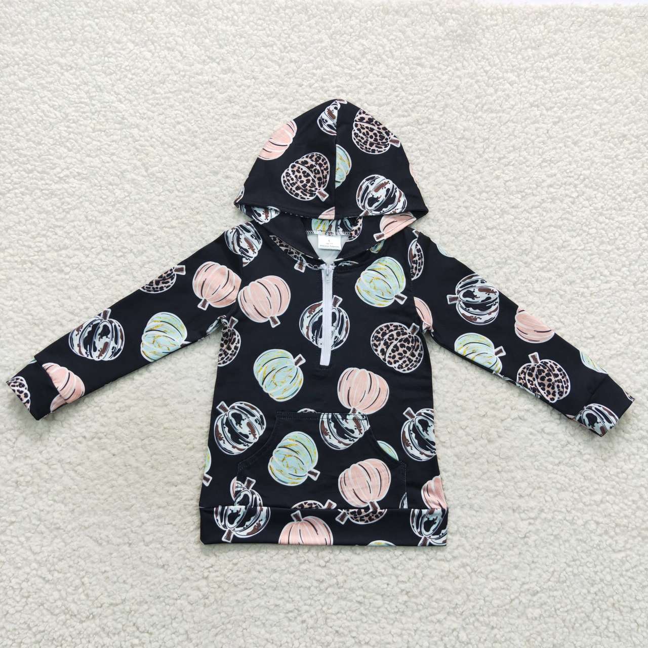 BT0306 Pumpkin Pocket Zip Black Hoodie Long Sleeve Top