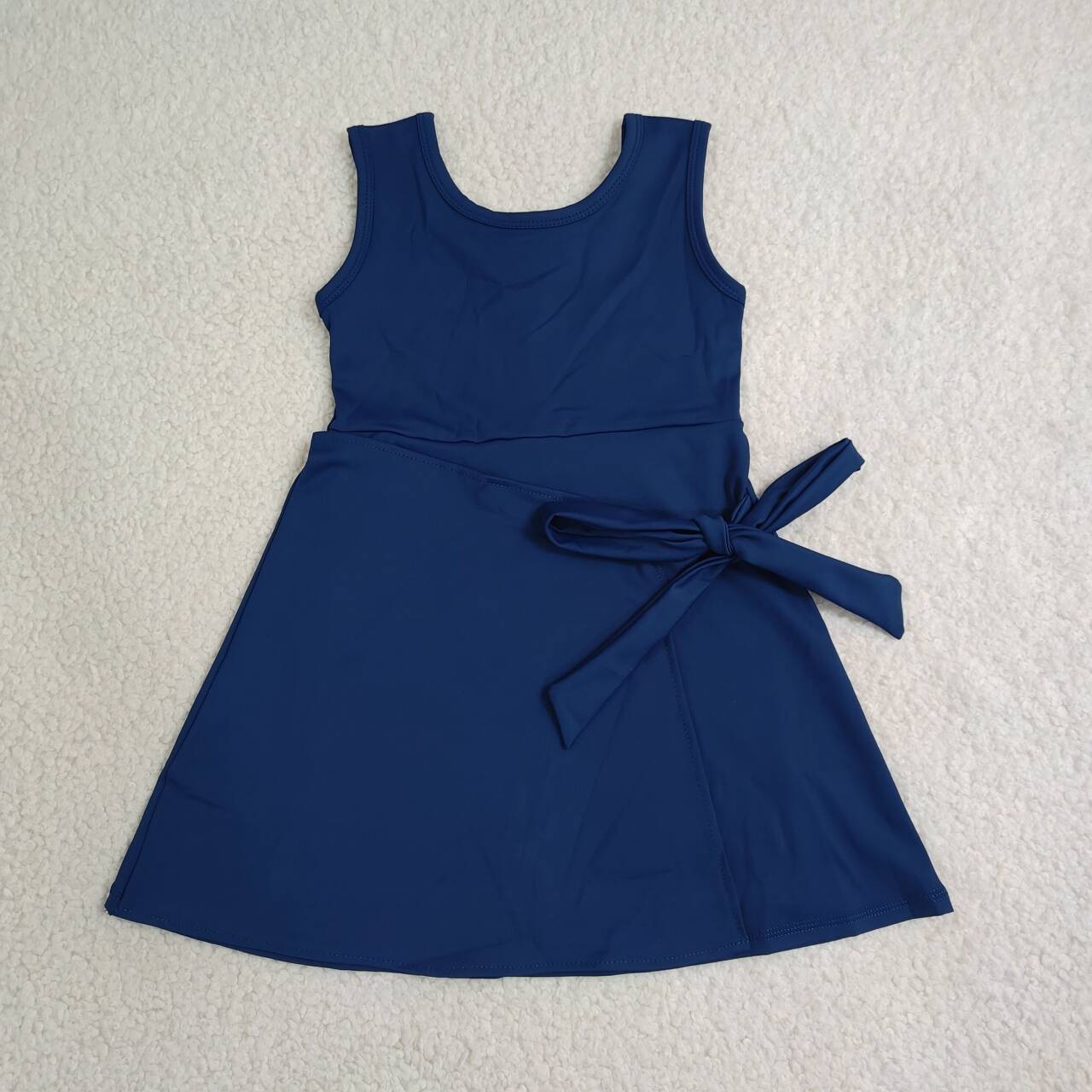 NEW RTS NO MOQ yoga fabric cotton GSD3880 Baby Girls Navy Summer Sleeveless Bow Print Knee Length Yoga Active Dress