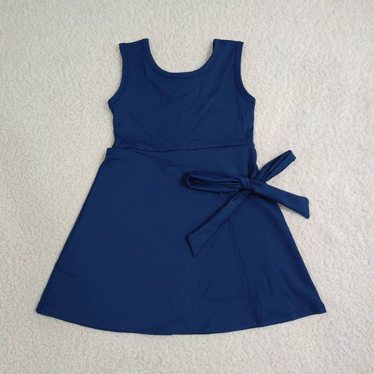 NEW RTS NO MOQ yoga fabric cotton GSD3880 Baby Girls Navy Summer Sleeveless Bow Print Knee Length Yoga Active Dress