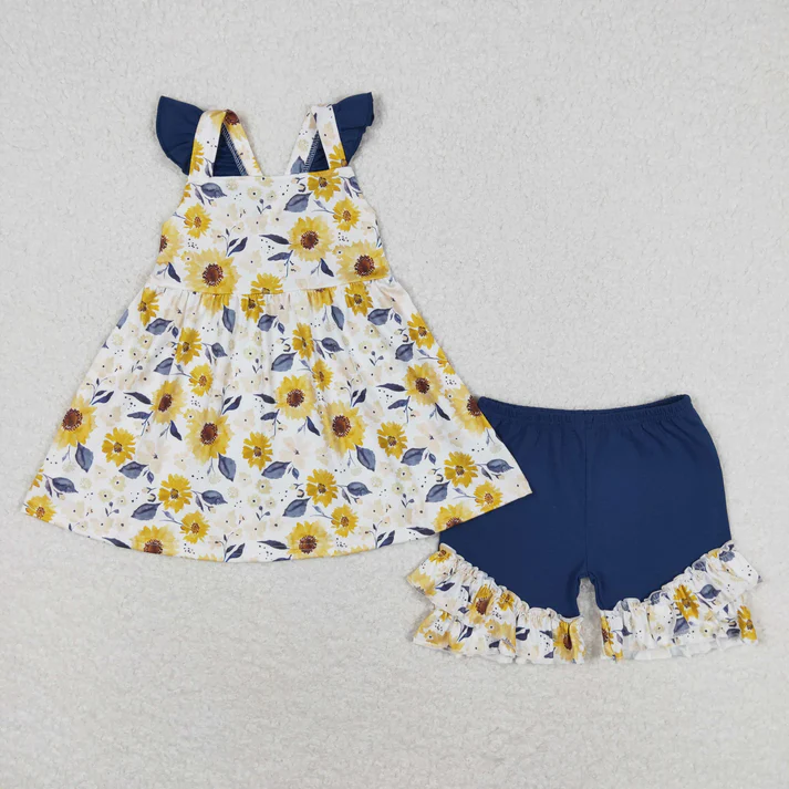 RTS NO MOQ Baby Girls SunFlowers Sibling Romper Clothes Sets