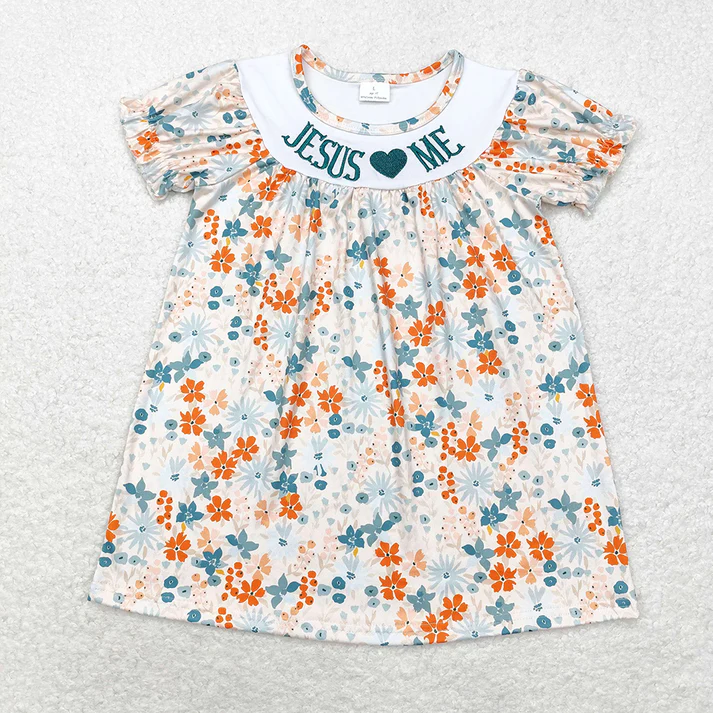 RTS NO MOQ Shipping time 5-7days Jesus Love Me Flowers Sibling Dresses Rompers Outfits  embroidery