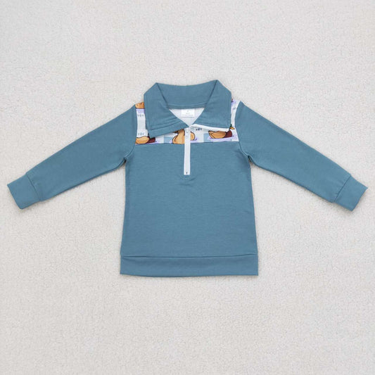BT0329 Duck Blue and White Plaid Zip Long Sleeve Top