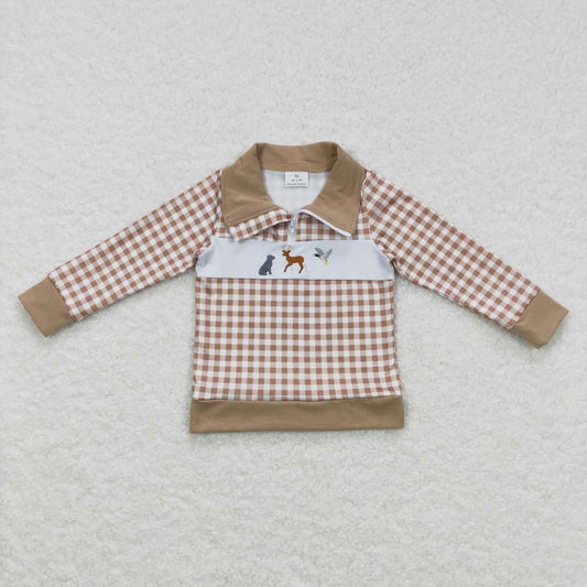 RTS NO MOQ（In Stock) BT0345 Embroidered Dog Elk Mallard Khaki Plaid Zip Long Sleeve Top
