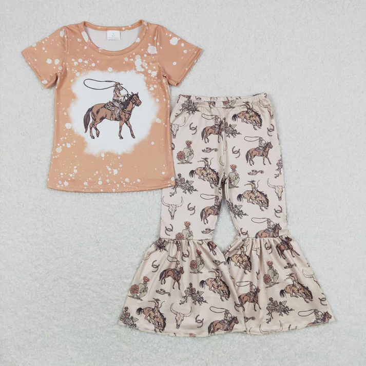 RTS Baby Girls Sibling Horse Boots Tee Top Bell Pants Western Outfits Sets