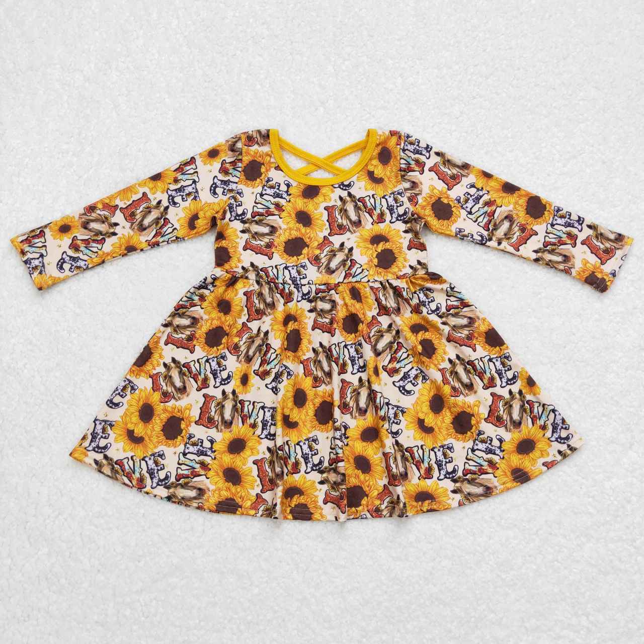 RTS NO MOQ ETA 5/7days Arrived GLD0393 love horse sunflower yellow long-sleeved dress