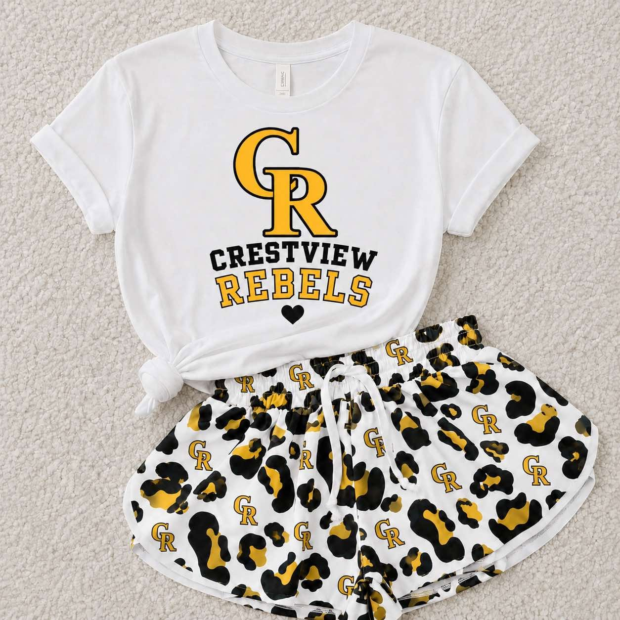 custom moq 5 mix size KABR0203 Baby Girls Letter Printed Short Sleeve White Top Leopard Print Shorts Team Outfit Set