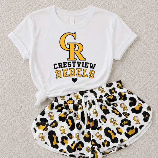 custom moq 5 mix size KABR0203 Baby Girls Letter Printed Short Sleeve White Top Leopard Print Shorts Team Outfit Set