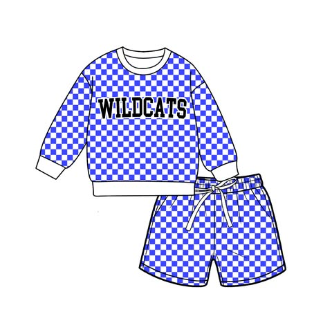 custom moq 5 mix size KAHL0101 Baby Blue Plaid Print Long Sleeve Top Elastic Waist Plaid Shorts Sets