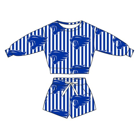 custom moq 5 mix size KAHL0103 Baby Blue Stripe Print Long Sleeve Top Shorts Sets