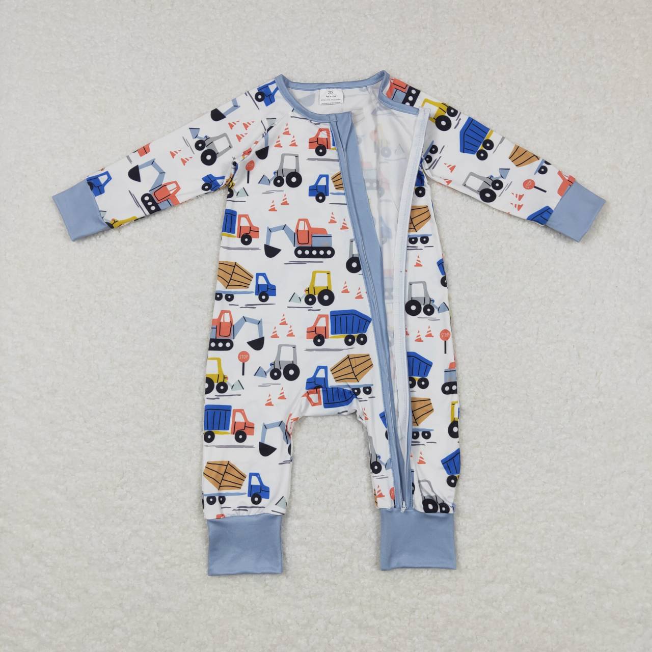 LR0725 Engineering Vehicle Excavator Blue and White Zipper Long Sleeve Jumpsuit
