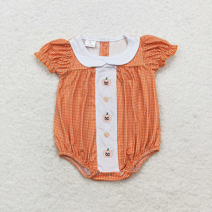 RTS NO MOQ  Baby Girls Pumpkin Candy Orange Checkered Sibling Rompers Dresses Thanksgiving Embroidery