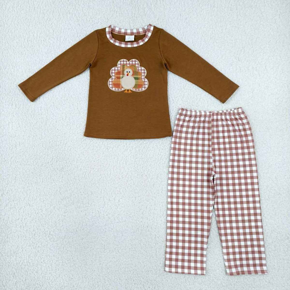 NEW RTS NO MOQ milk silk BLP1516 Embroidery Turkey Baby Boys Long Sleeve Top Checked Pants Thanksgivings Set