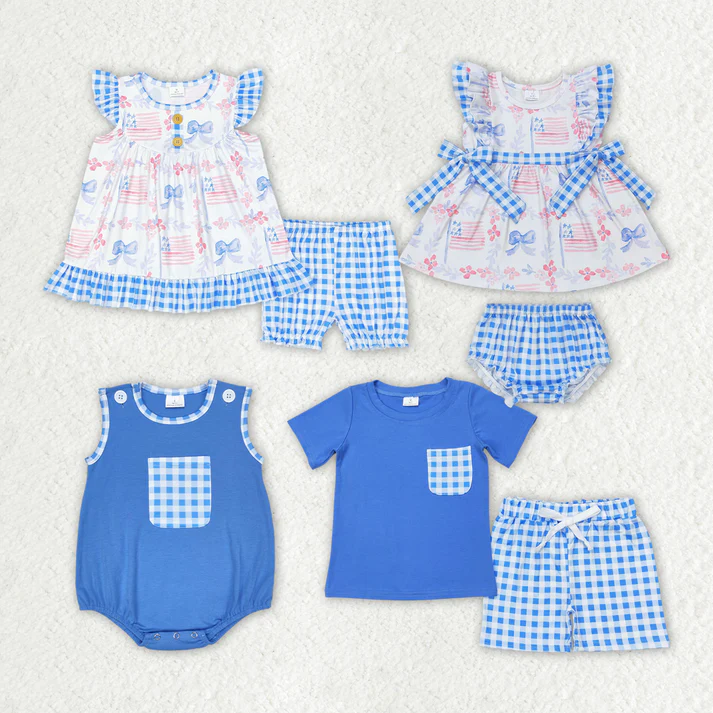 RTS NO MOQ  Baby Girls Boys Sibling 4th of July Bows Summer Rompers Clothes Sets