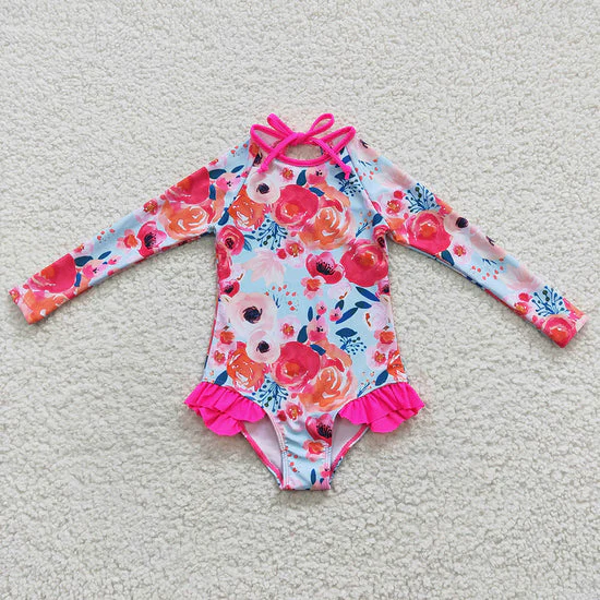 RTS NO MOQ Baby Girls Summer Long Sleeve Flowers One Pieces Swimsuits