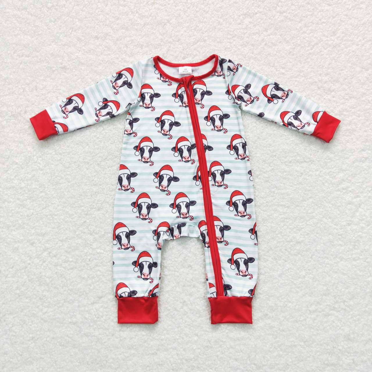 LR0700 Santa Hat Cow Stripe Zip Long Sleeve Jumpsuit