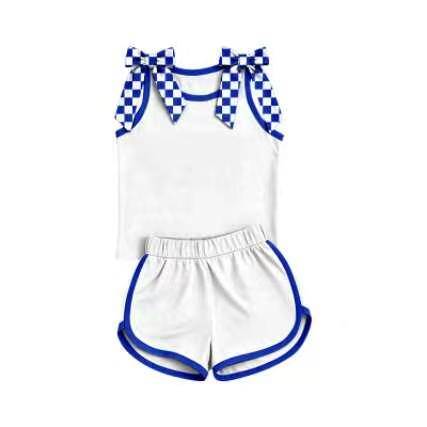 custom moq 5 mix size Baby Girls White Sleeveless Tank Top With Checkered Bows Shorts Summer Clothes Set