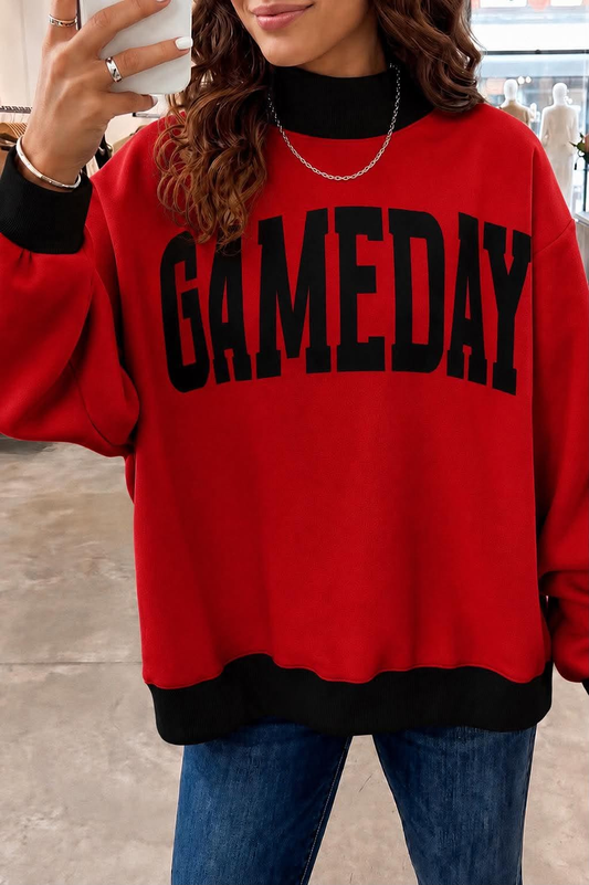 custom moq 5 mix size milk silk fabric KNMEAT0101 Adult And Kids Red Black Color Block Mock Neck Long Sleeve Sweatshirt Letter Print Pullover Top