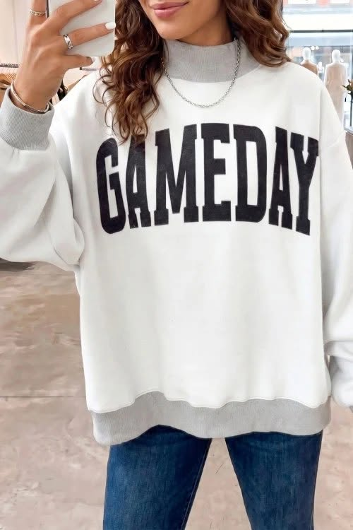custom moq 5 mix size milk silk fabric KNMEAT0102 Adult And Kids White Grey Color Block Mock Neck Long Sleeve Sweatshirt Letter Print Pullover Top